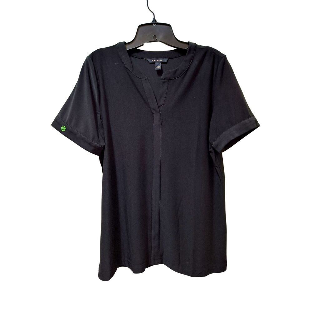 TWINHILL Blouse Women’s Large Black Split Neck Stretch Short Sleeve Top Shirt